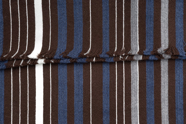 Brown scarf with gray and blue stripes in silk wool