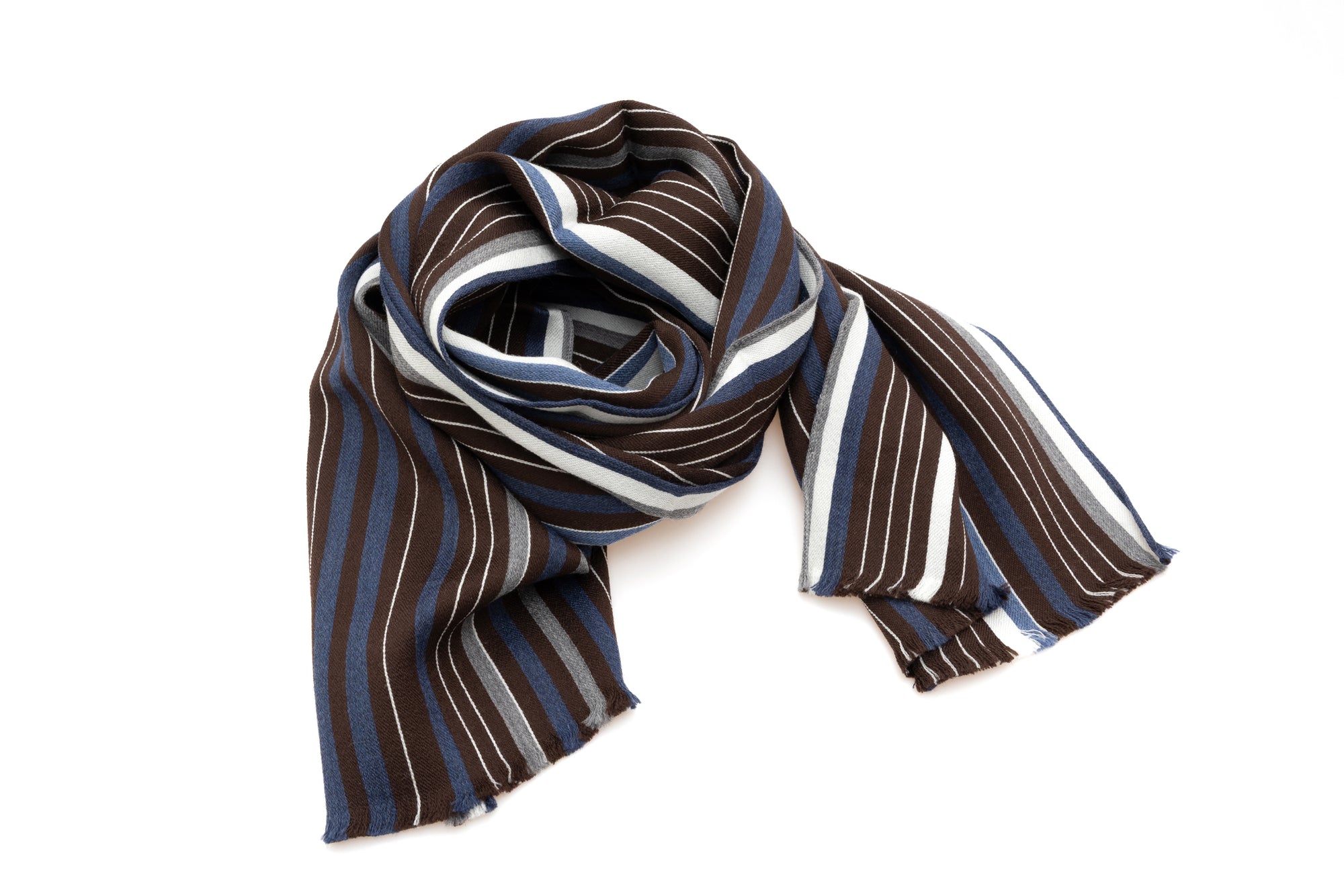 Brown scarf with gray and blue stripes in silk wool