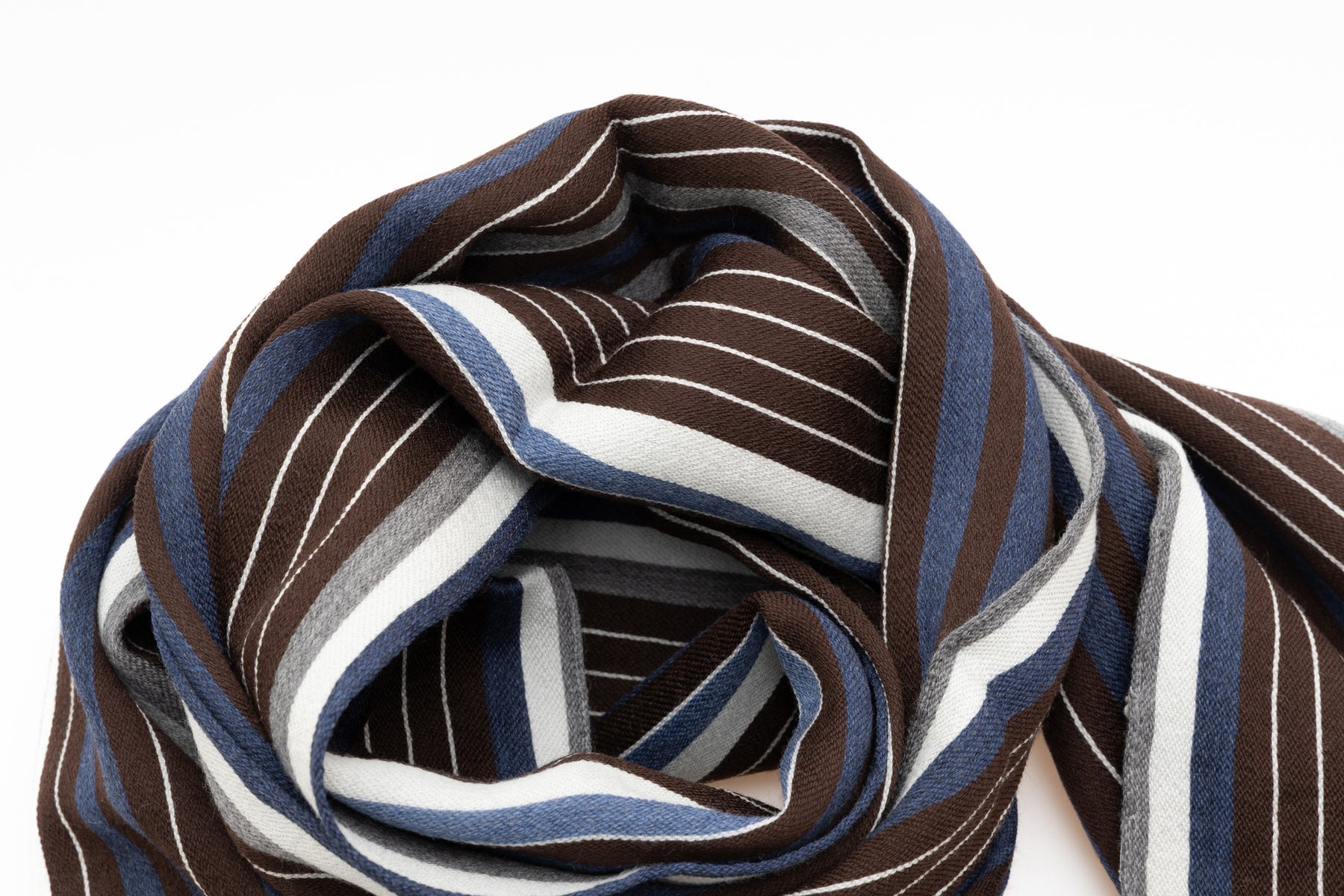 Brown scarf with gray and blue stripes in silk wool