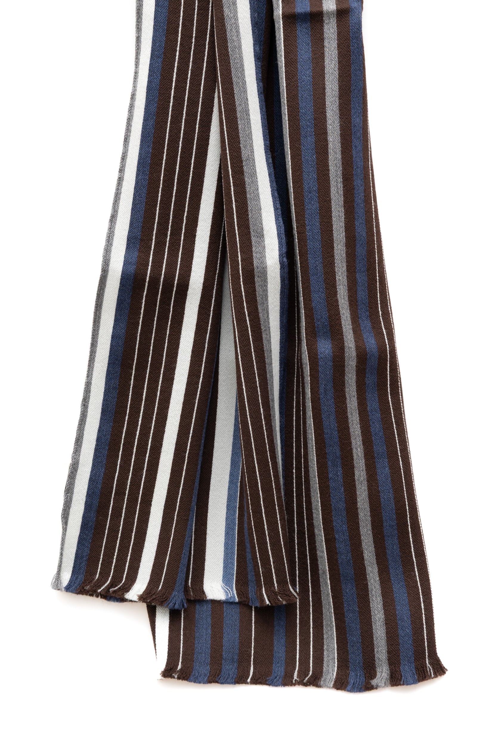 Brown scarf with gray and blue stripes in silk wool
