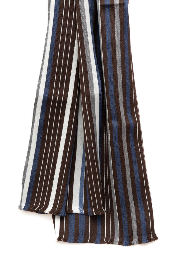 Brown scarf with gray and blue stripes in silk wool