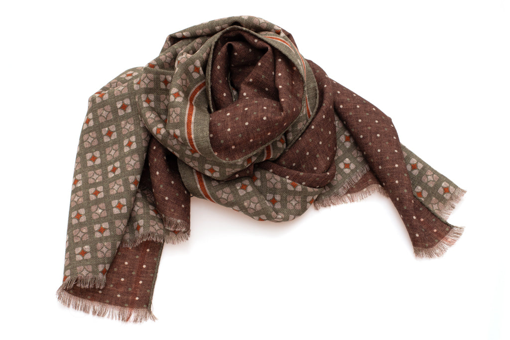 Écharpe en laine pure marron et verte