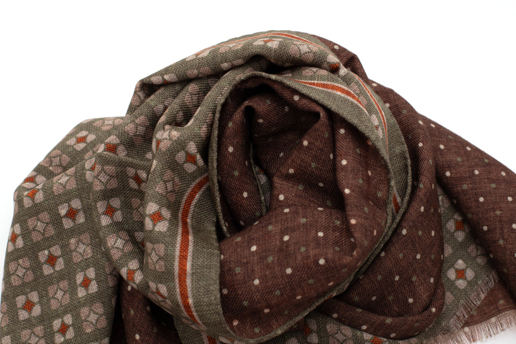 Écharpe en laine pure marron et verte