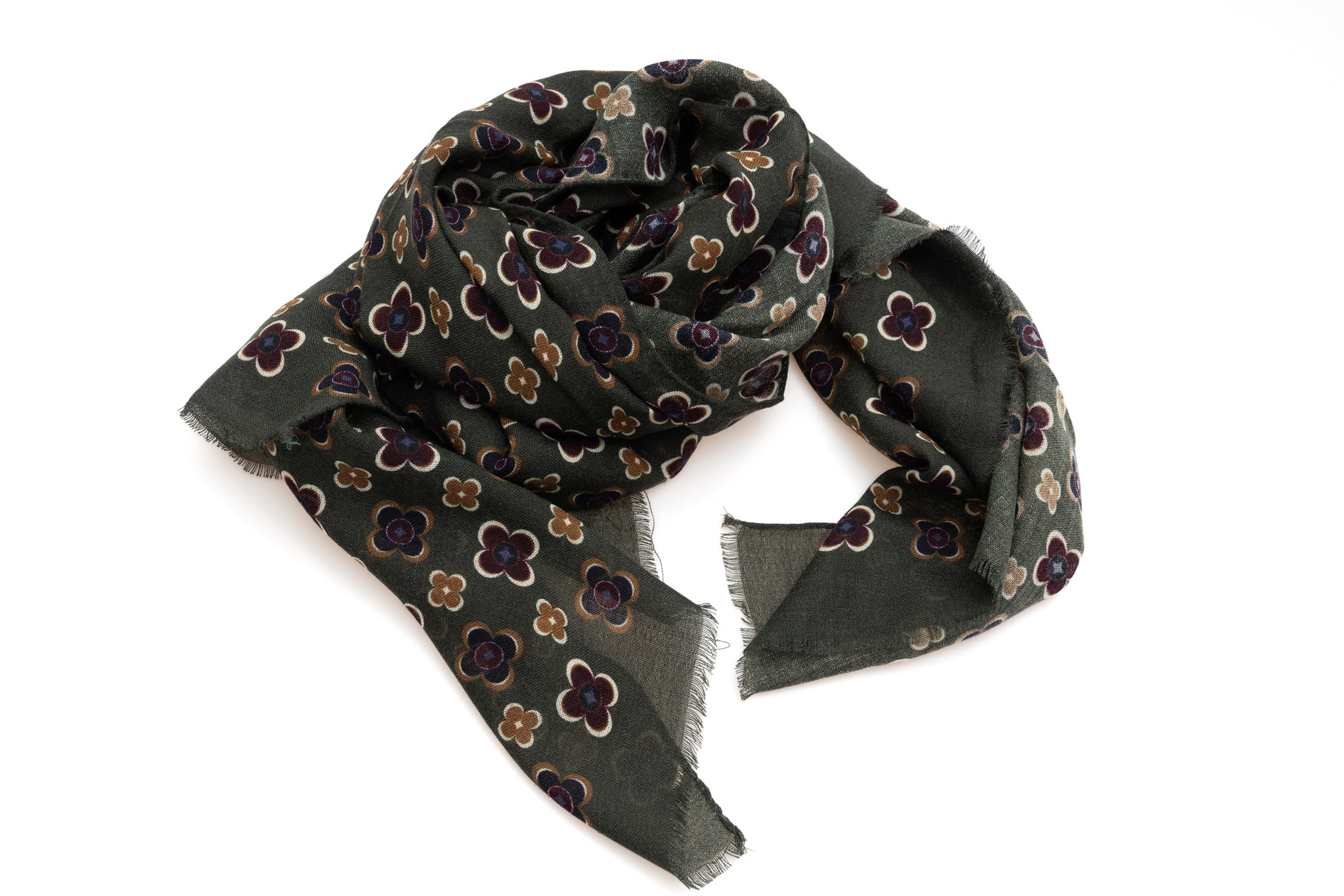 Sciarpa fondo verde in fantasia floreale pura lana
