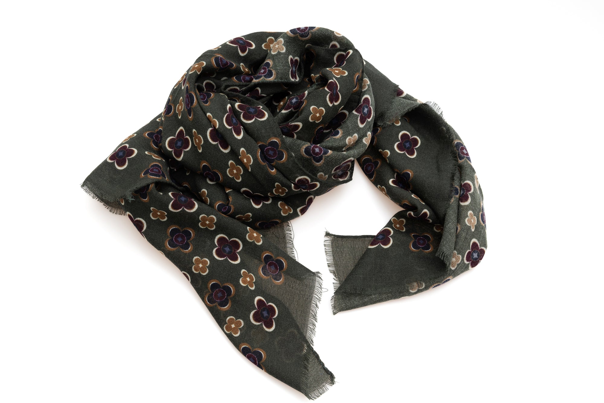 Sciarpa fondo verde in fantasia floreale pura lana