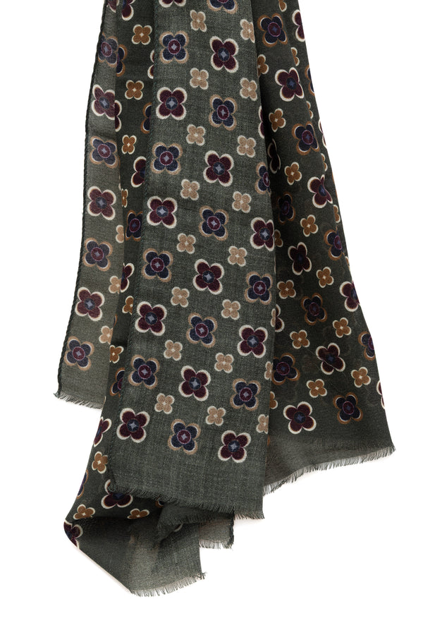 Sciarpa fondo verde in fantasia floreale pura lana
