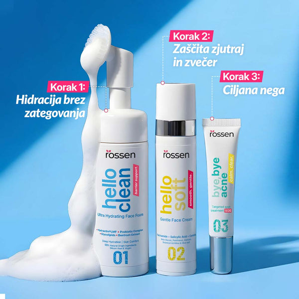 Skincare trio with white bottles against a blue background and pink step labels showing Korak 1, 2, 3 for a cleansing routine (Hello Clean, Hello Soft, Bye Bye Acne).