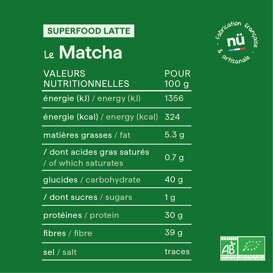 Tableau des valeurs nutritionnelles du matcha cérémonie de nümorning