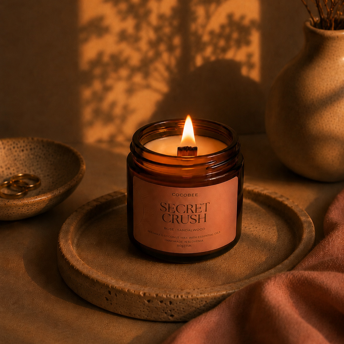 Secret Crush CocoBee candle with rose and sandalwood essential oils