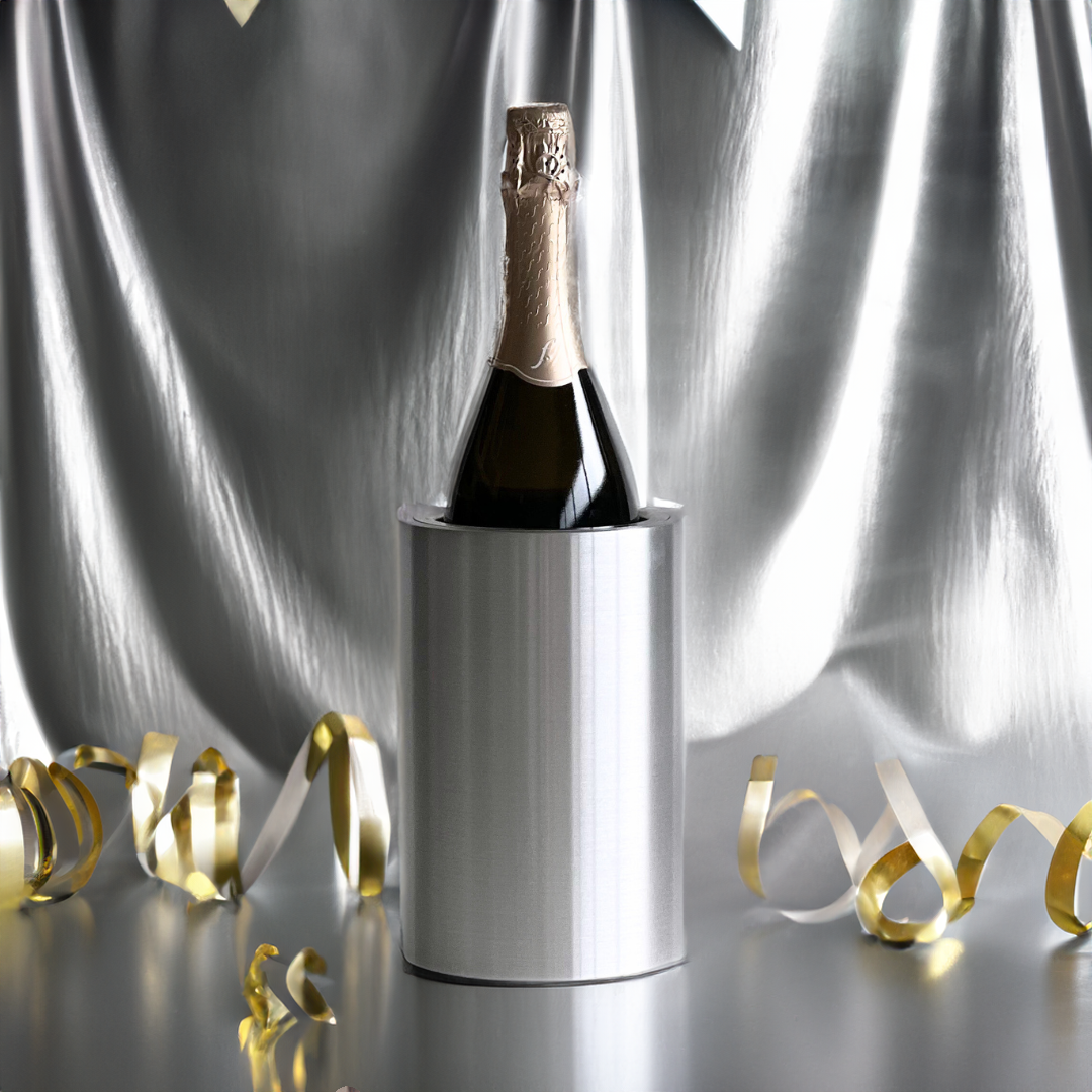 Coolenator silver classic design wine cooler with a bottle of wine