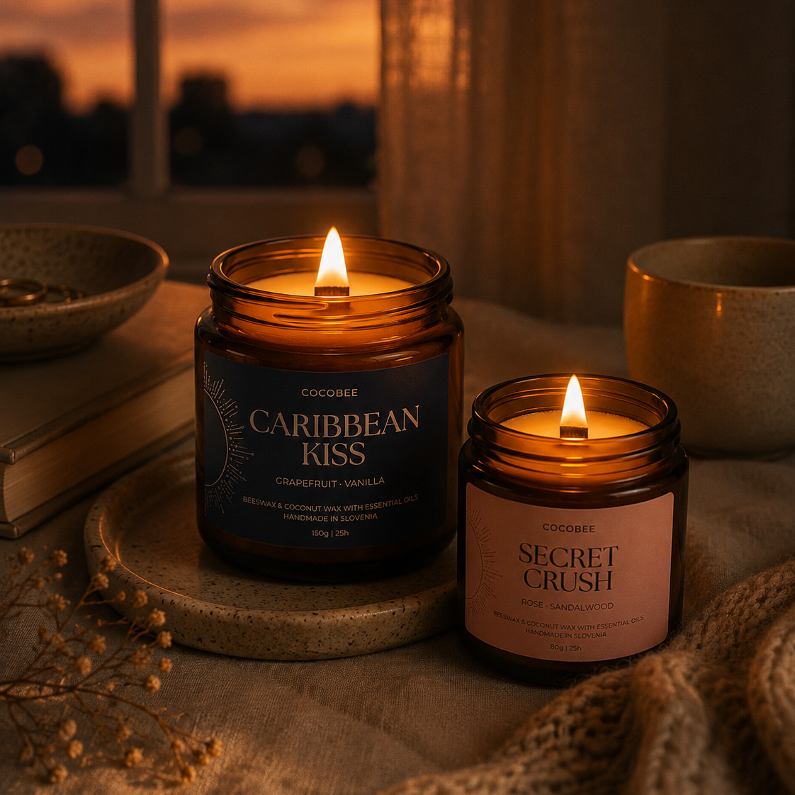 Lit Caribbean Kiss and Secret Crush CocoBee Sunset Candles