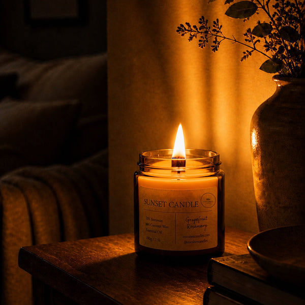 Candle on a wooden surface with a warm glow, books, and a vase in the background.
