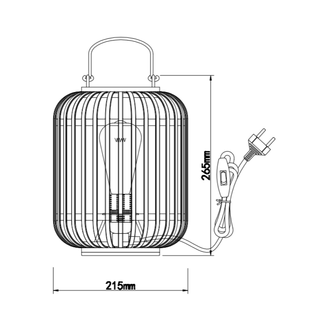 Technische tekening van de Various Woven tafellamp Ø22 cm met afmetingen en E27 fitting.