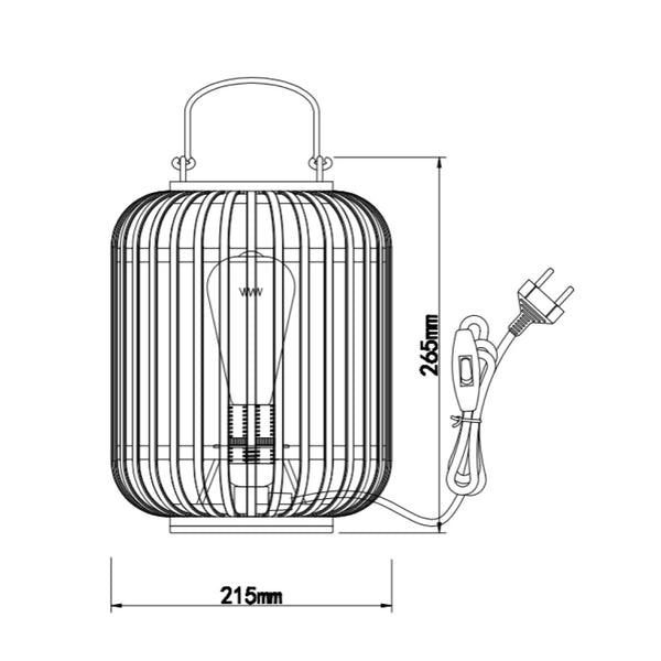 Technische tekening van de Various Woven tafellamp Ø22 cm met afmetingen en E27 fitting.
