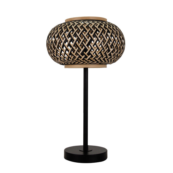 Various Weaving tafellamp Ø28 cm in natuur en zwart, volledig afgebeeld tegen een neutrale achtergrond.