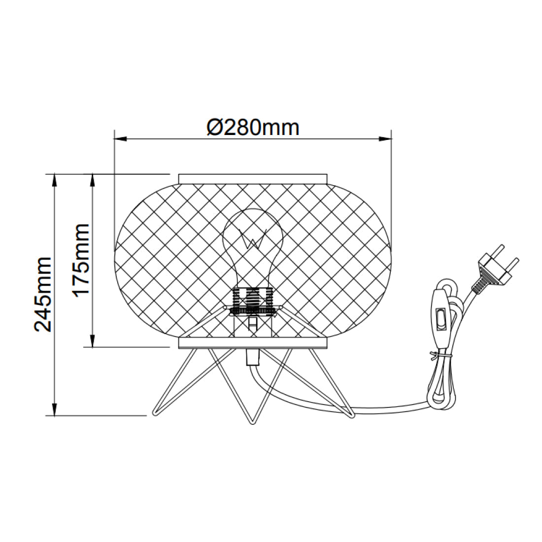 Technische tekening van de Various Tafellamp Weaving Ø28 cm met afmetingen en E27 fitting.