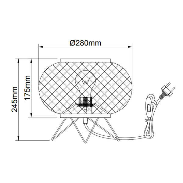 Technische tekening van de Various Tafellamp Weaving Ø28 cm met afmetingen en E27 fitting.