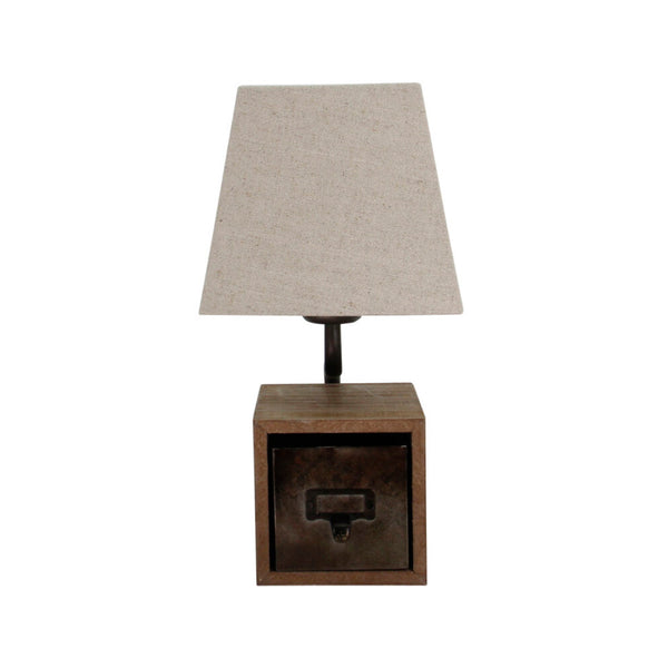 Various Nachtkastlamp 36 cm hoog, volledig afgebeeld met houten voet, stoffen kap en praktische opbergruimte.