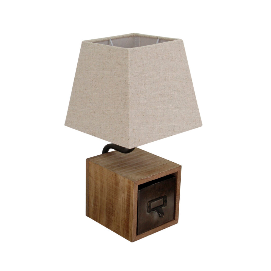 Various Nachtkastlamp 36 cm hoog, volledig afgebeeld met houten voet, stoffen kap en praktische opbergruimte.