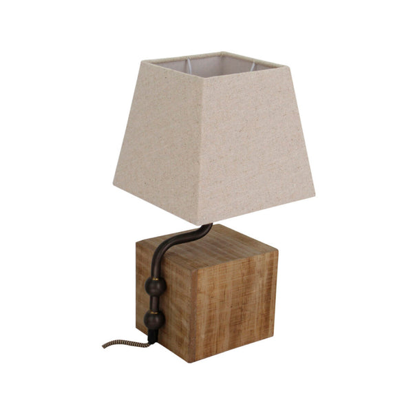 Various Nachtkastlamp 36 cm hoog, volledig afgebeeld met houten voet, stoffen kap en praktische opbergruimte.