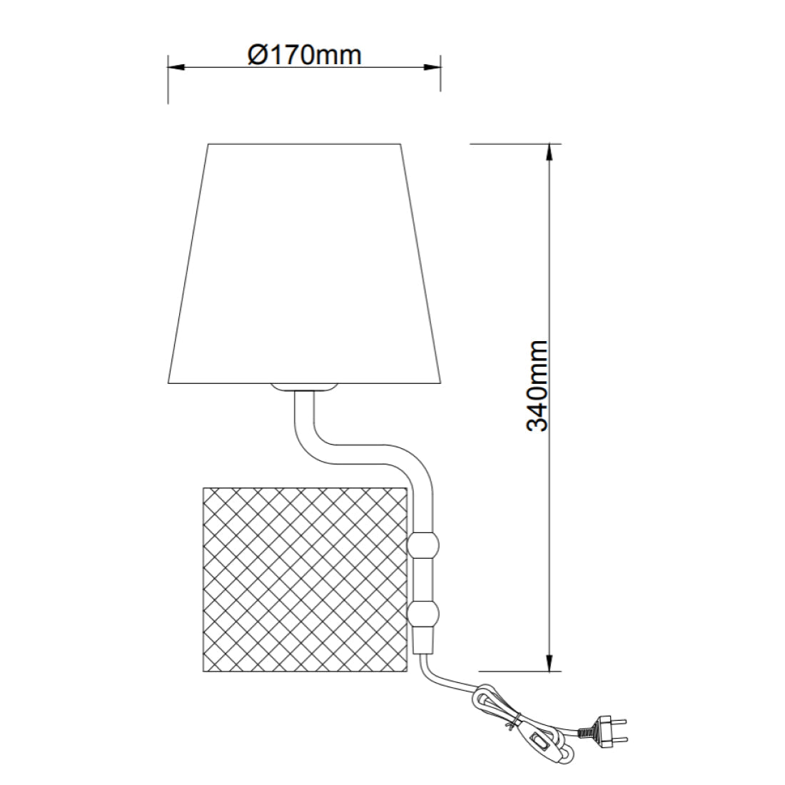 Technische tekening van de Various Nachtkastlamp met afmetingen en E27 fitting.