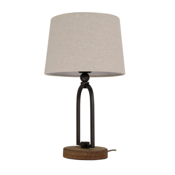 Various Tafellamp Vintage 45 cm volledig afgebeeld, met houten voet, metalen beugel en beige stoffen kap.