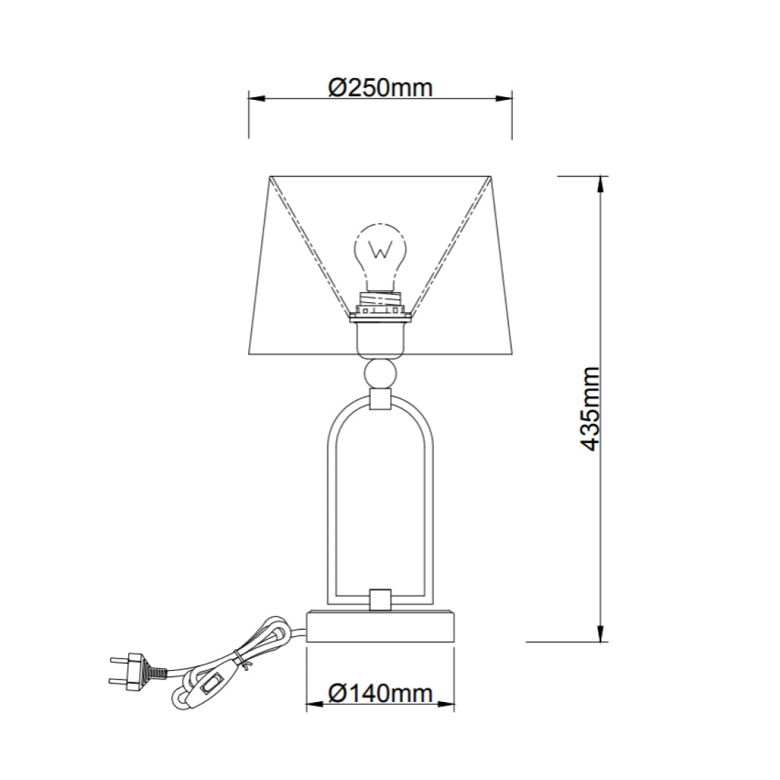 Technische tekening van de Various Tafellamp Vintage 45 cm met afmetingen en E27 fitting.