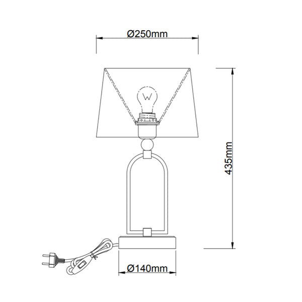 Technische tekening van de Various Tafellamp Vintage 45 cm met afmetingen en E27 fitting.