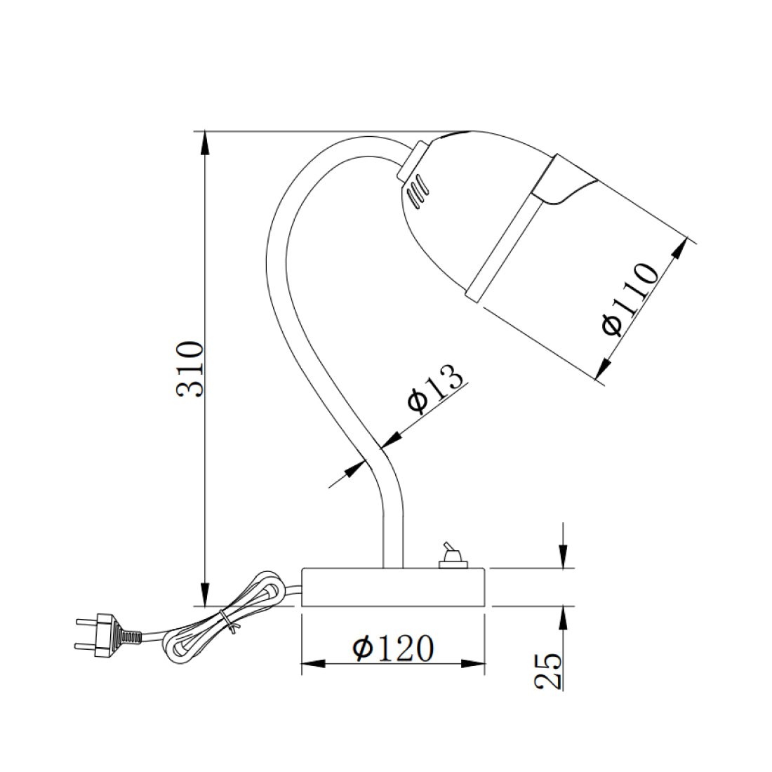 Technische tekening van de Various tafellamp 31 cm met afmetingen en GU10 fitting.