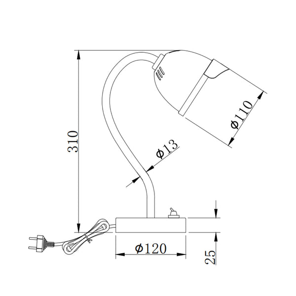 Technische tekening van de Various tafellamp 31 cm met afmetingen en GU10 fitting.