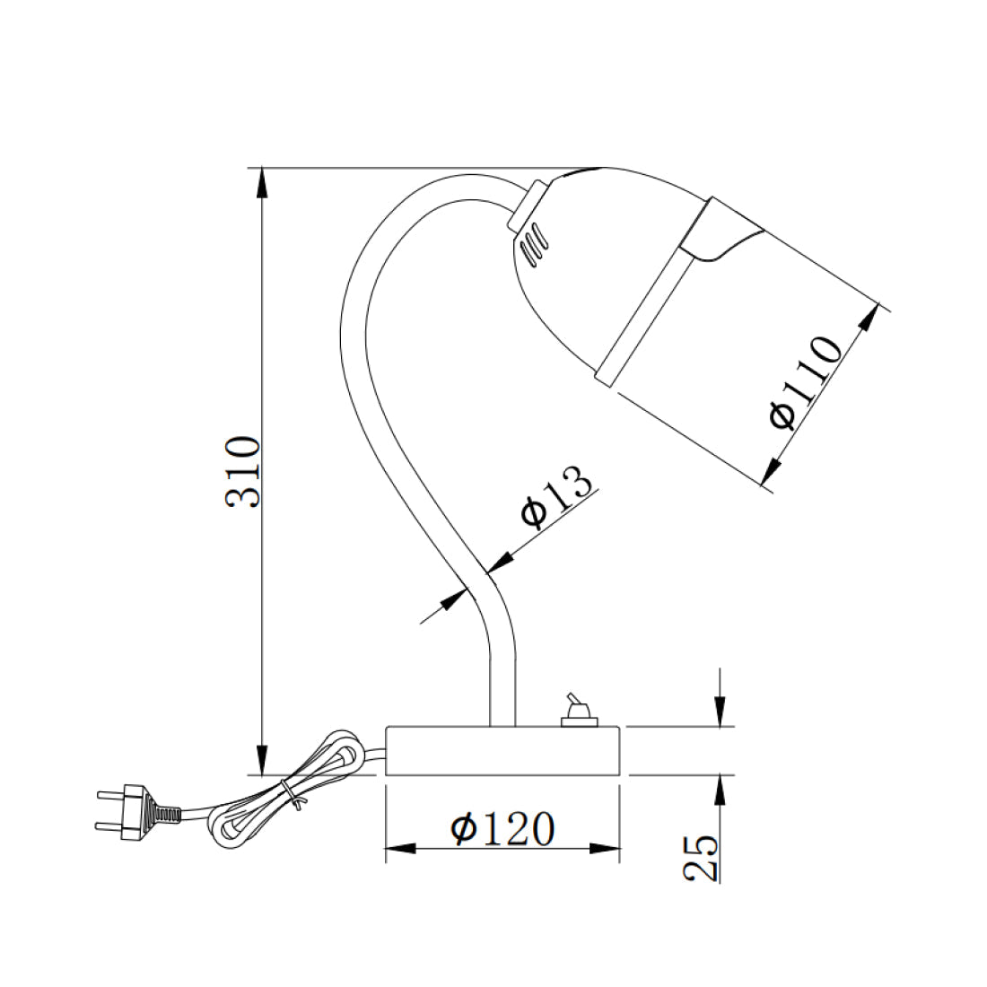 Technische tekening van de Various tafellamp 31 cm met afmetingen en GU10 fitting.