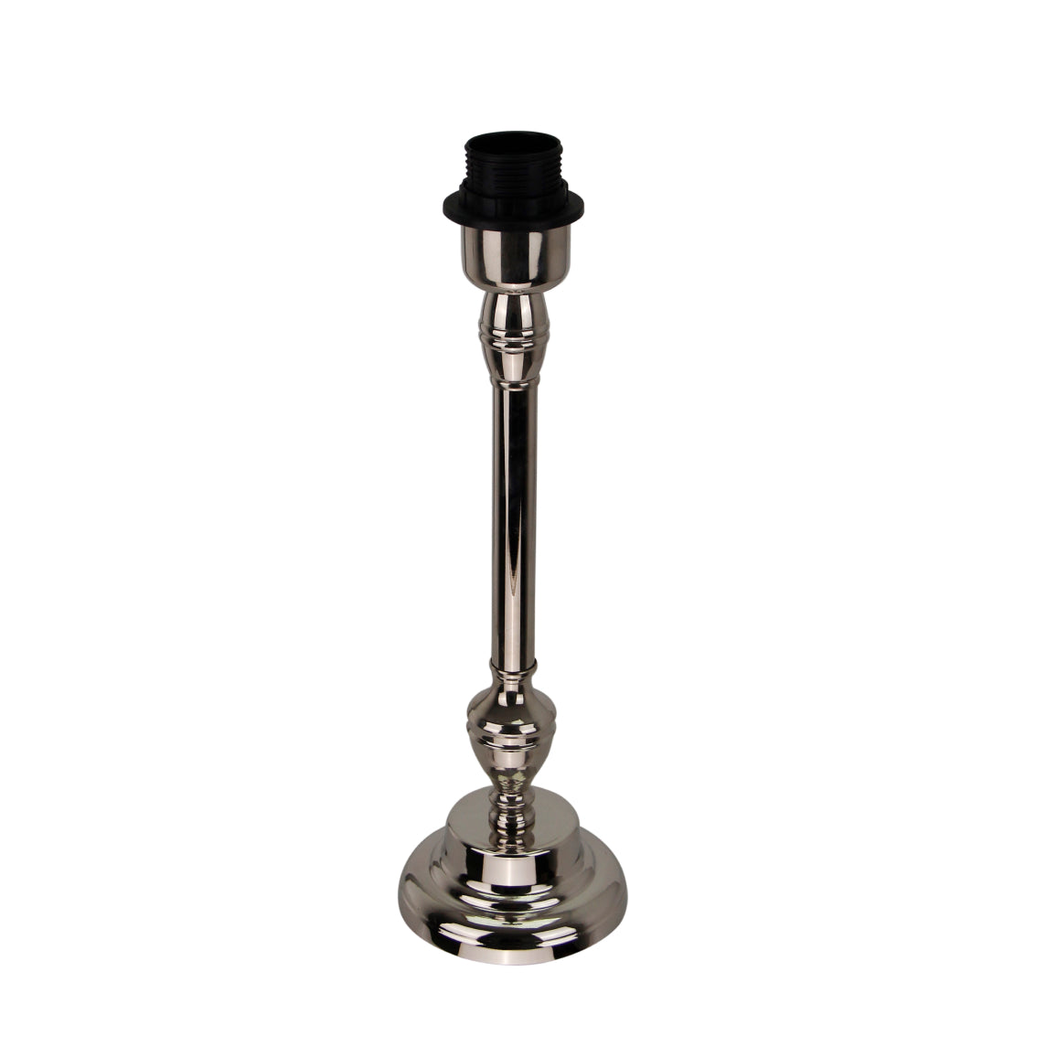 Glänzender Lampenfuß aus Metall in Nickel-Optik, 35 cm hoch, E27-Fassung.