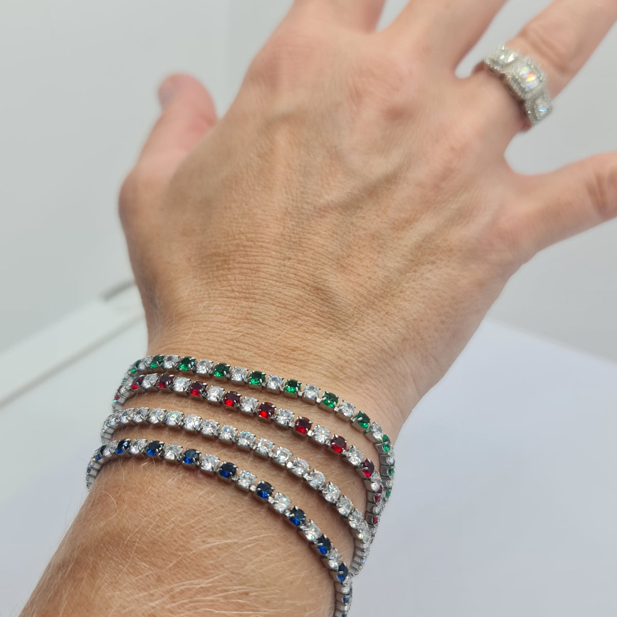 STEEL TENNIS BRACELET WITH WHITE AND GREEN ZIRCONIA MM 3.00 SLIDING CLOSURE