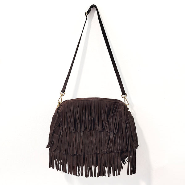 TEXAS - Suede handbag with mocha fringes
