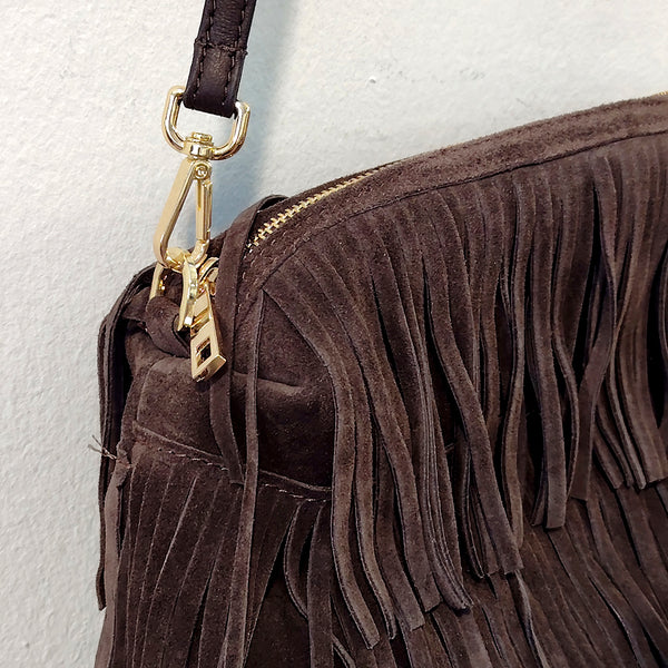 TEXAS - Suede handbag with mocha fringes