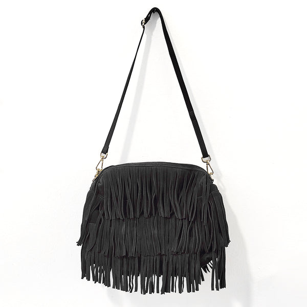TEXAS - Black Suede Shoulder Bag with Fringes
