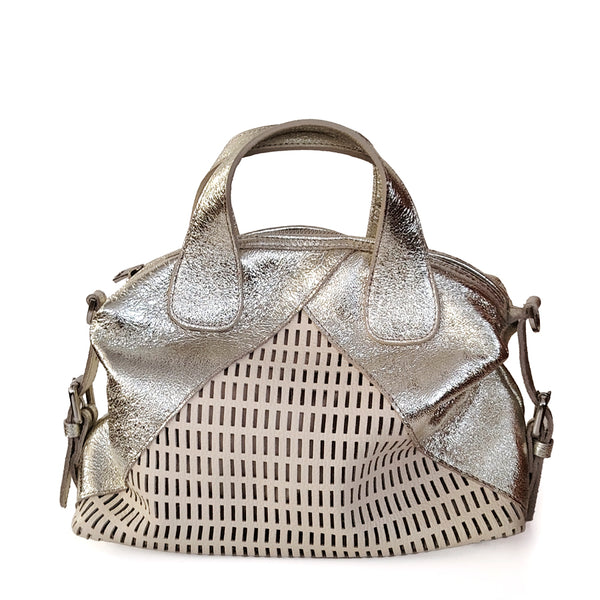 TINA - Perforated leather handbag in latte