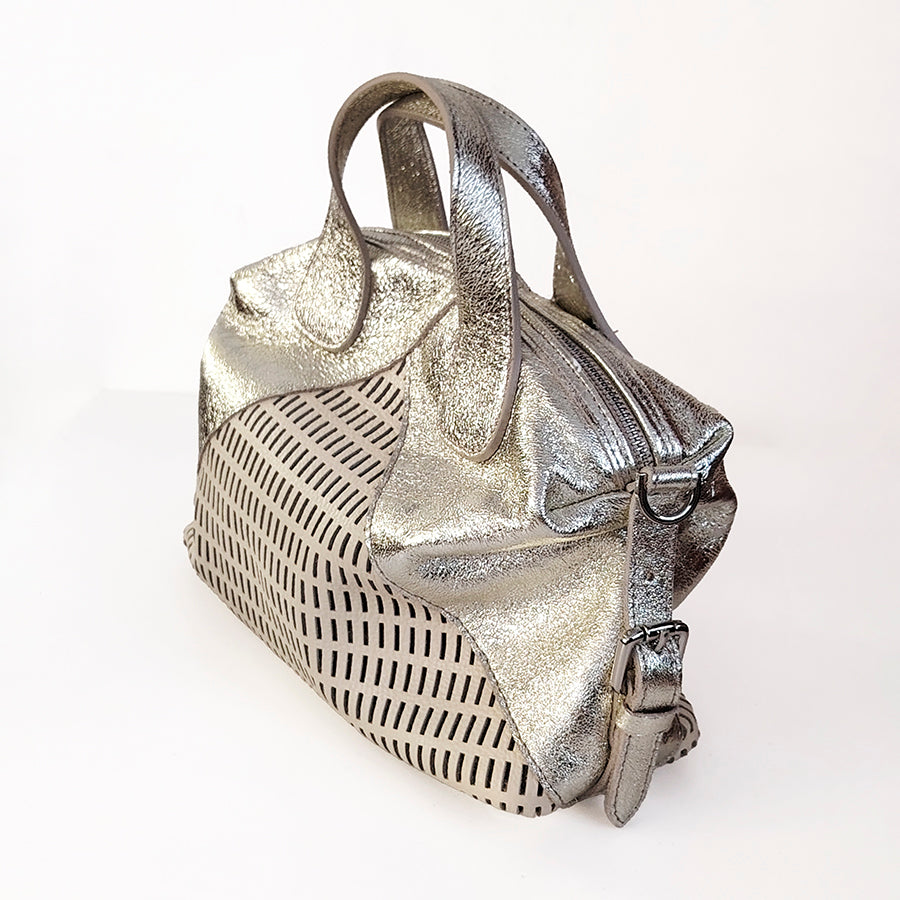 TINA - Perforated leather handbag in latte