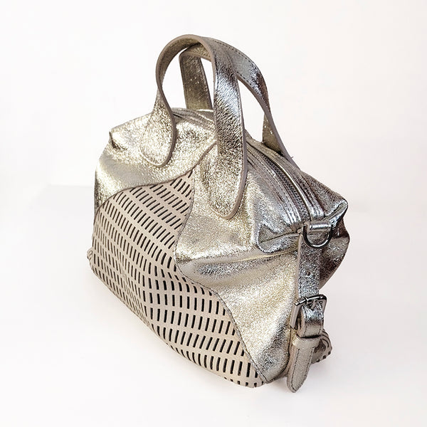 TINA - Perforated leather handbag in latte