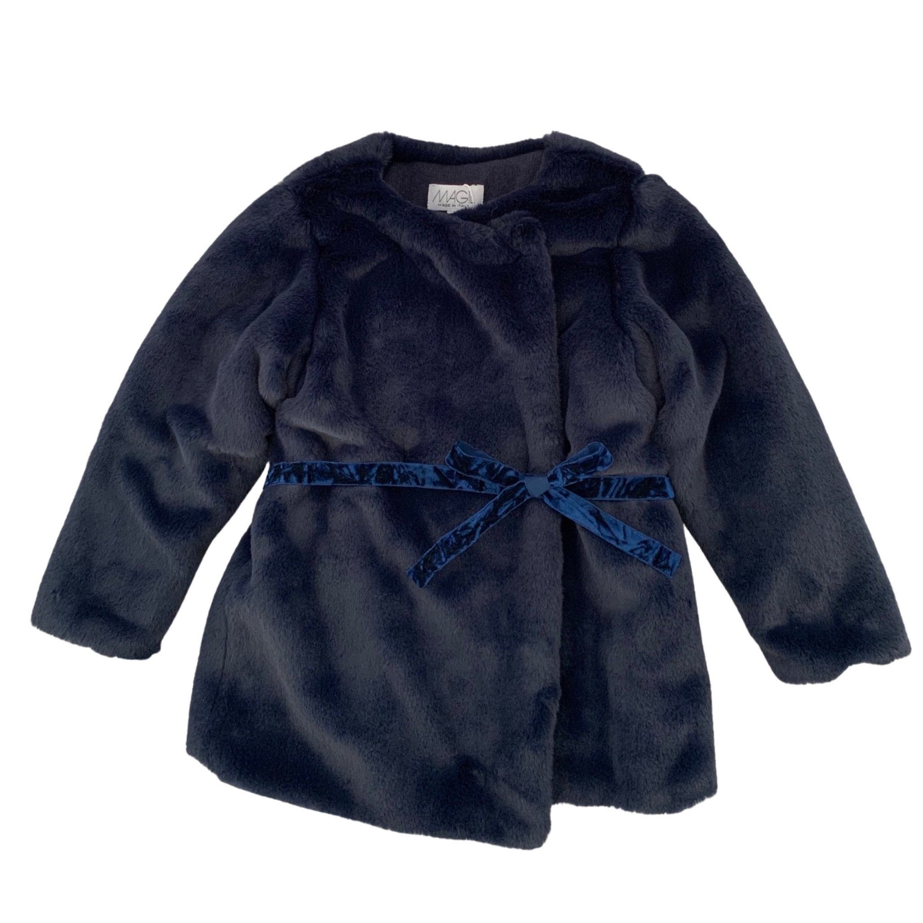 BLUE FAUX FUR COAT WITH VELVET BELT
