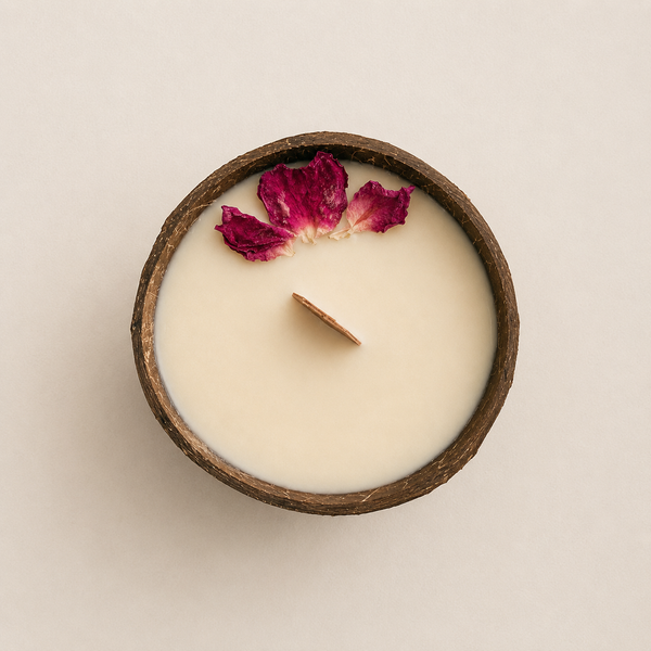 Top view of a CocoBee Rose • Sandalwood coconut shell candle with wooden wick