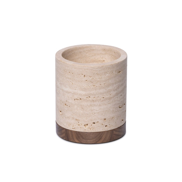 Držač svijeća od travertina L Ø9.5x9cm s drvenom podlogom