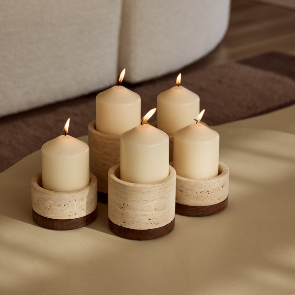 Portacandele in Travertino S Ø9.5x4cm incl. Piatto in Legno