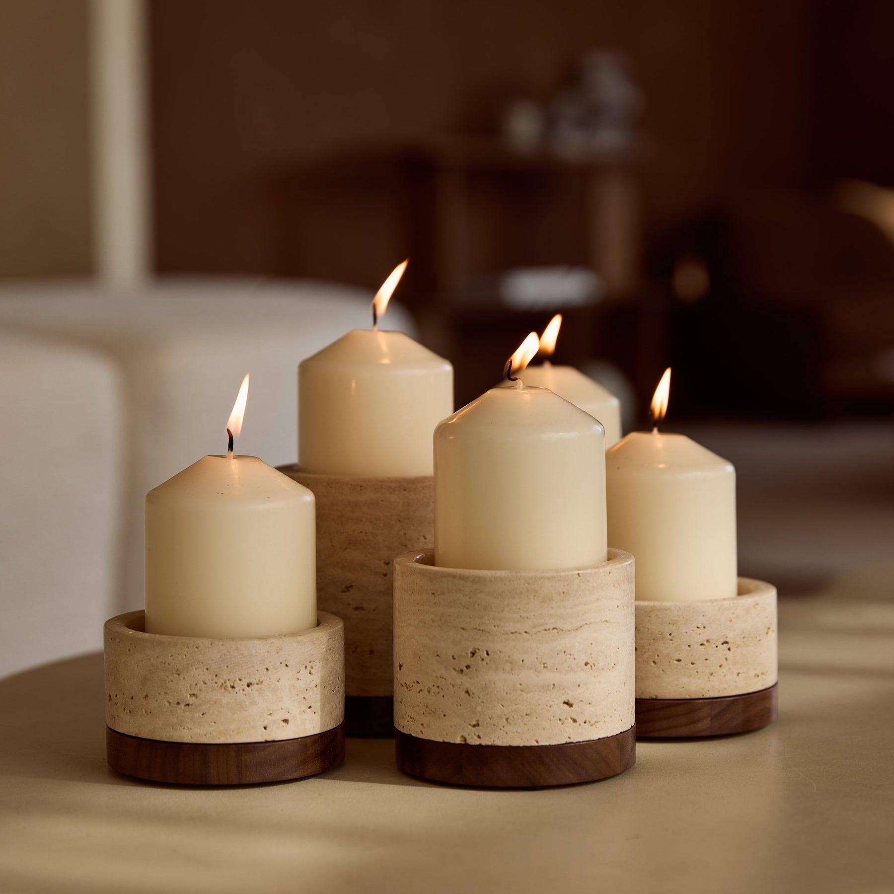 Portacandele in Travertino S Ø9.5x4cm incl. Piatto in Legno