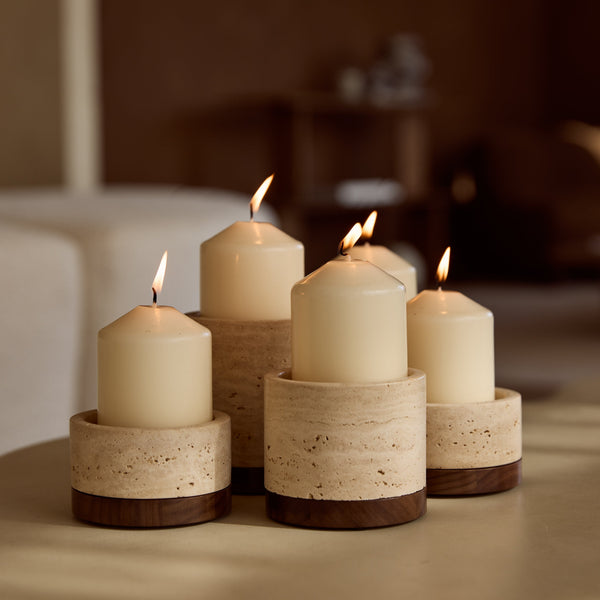 Portacandele in Travertino S Ø9.5x4cm incl. Piatto in Legno