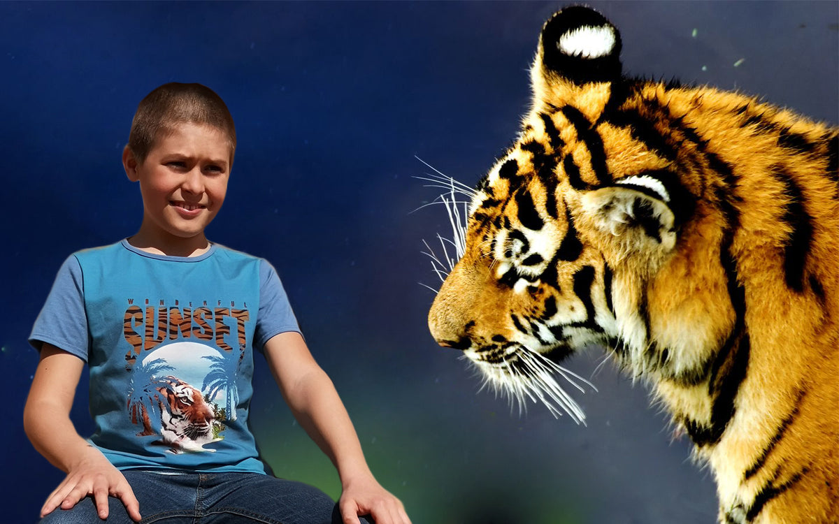 Chlapecké bavlněné tričko s tygřím hlavou a západem slunce IKAB