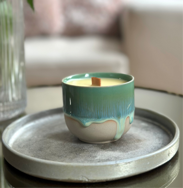 Aquamarine ceramic Coffee Candle with wooden wick
