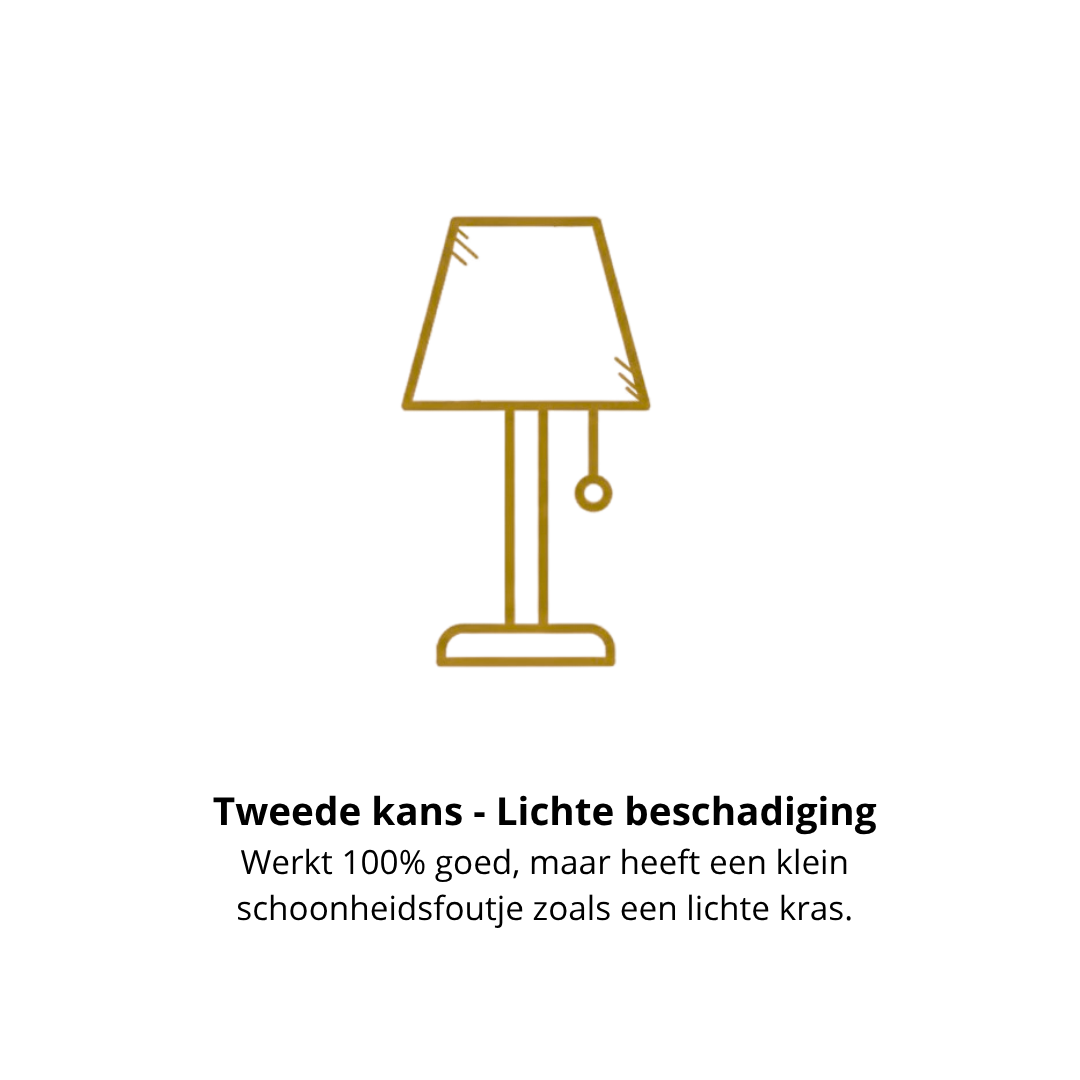 Afbeelding met lamp met beschadiging en tekst ‘Tweede Kans’: product is 100% goed, maar heeft een klein schoonheidsfoutje zoals een lichte kras.
