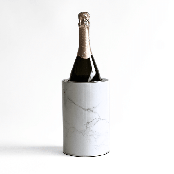 Coolenator white marble design wine cooler with a bottle of wine