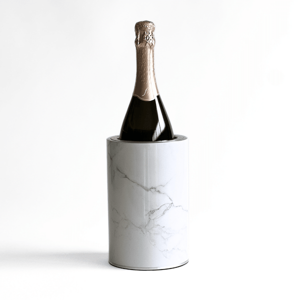 Coolenator white marble design wine cooler with a bottle of wine